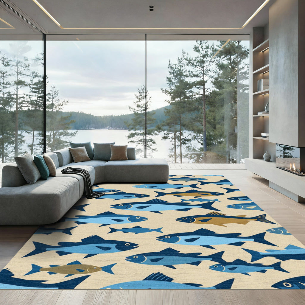 Mid Century Modern Blue Schooling Fish Rug