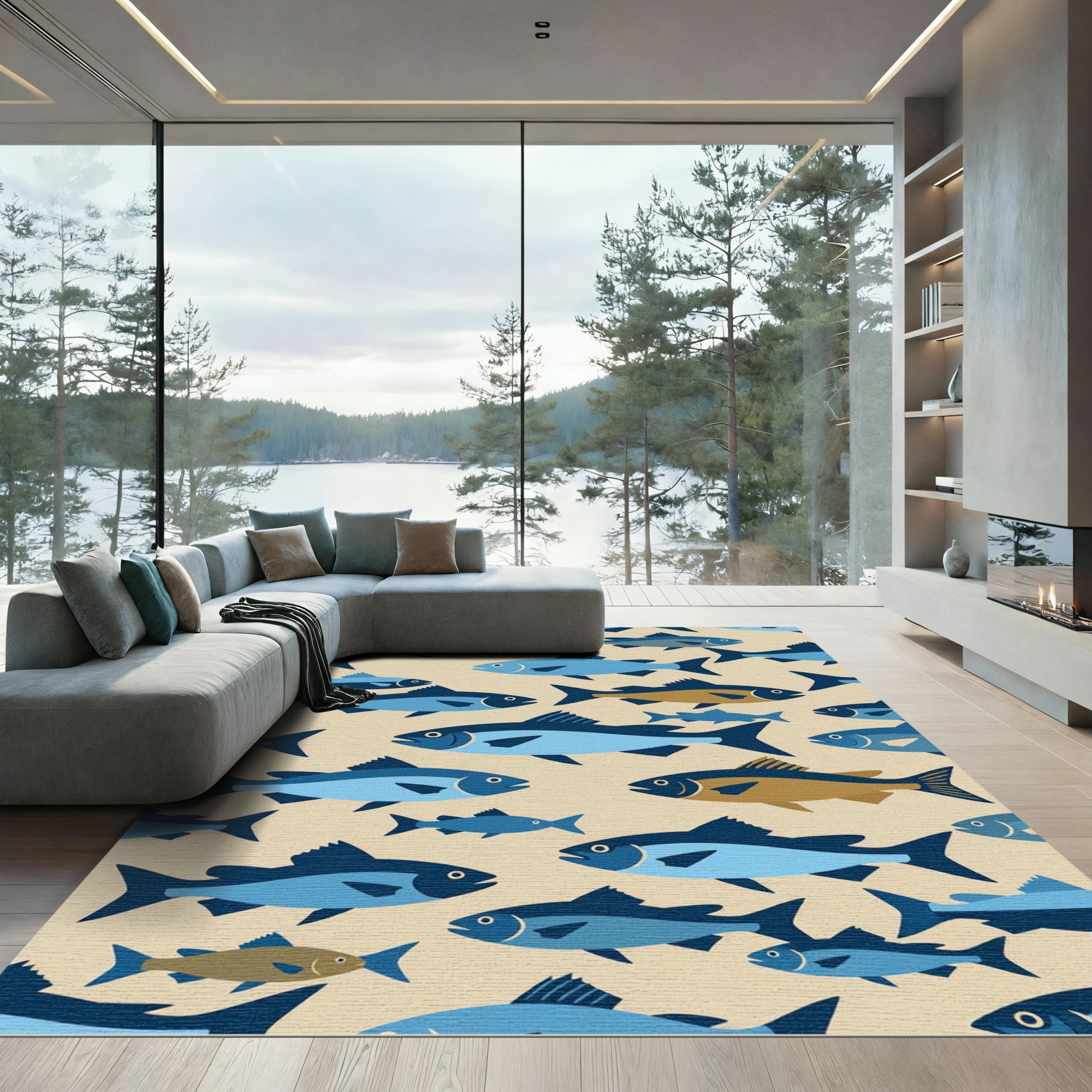 Mid Century Modern Blue Schooling Fish Rug
