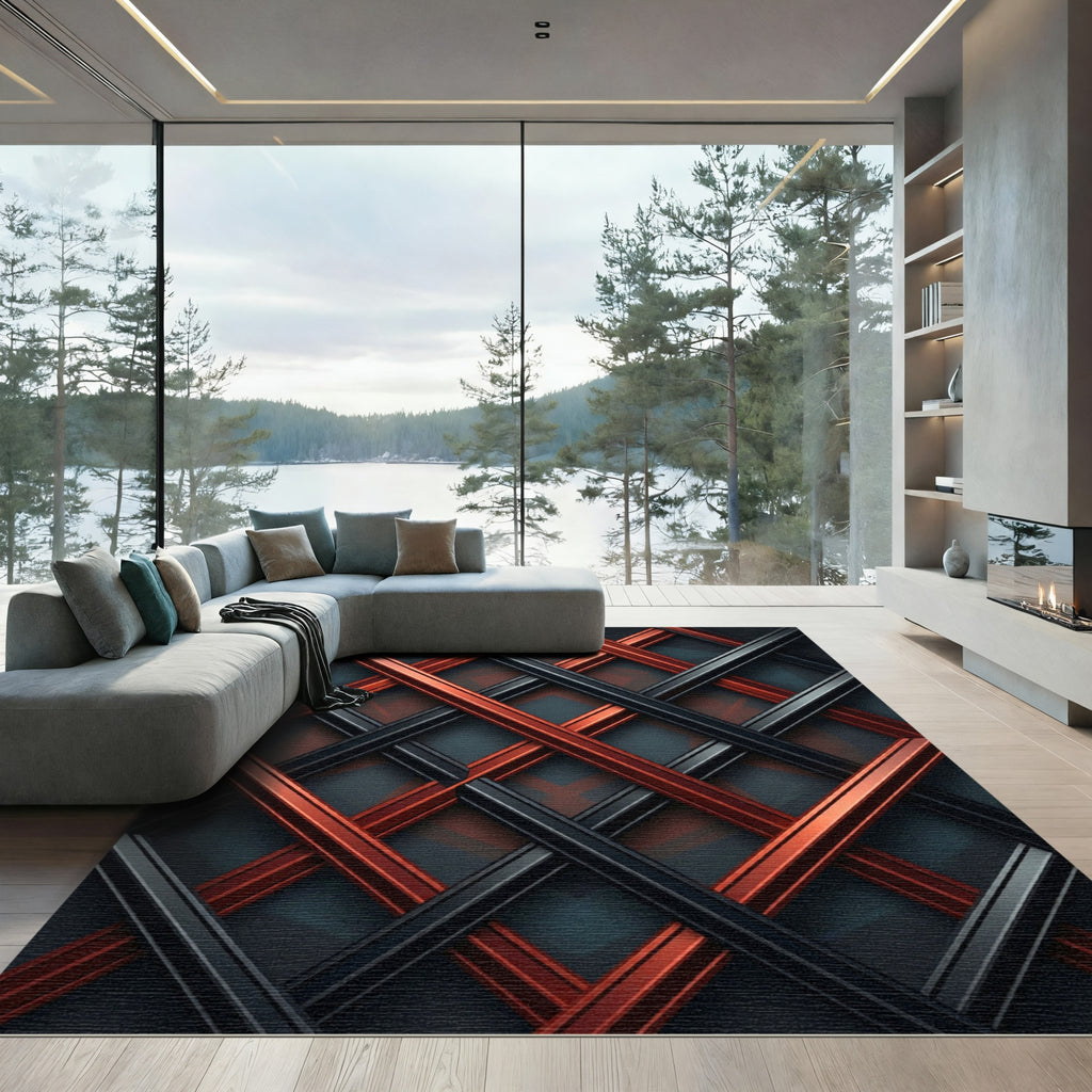 Modern Crimson and Charcoal Geometric Interwoven Axis Rug