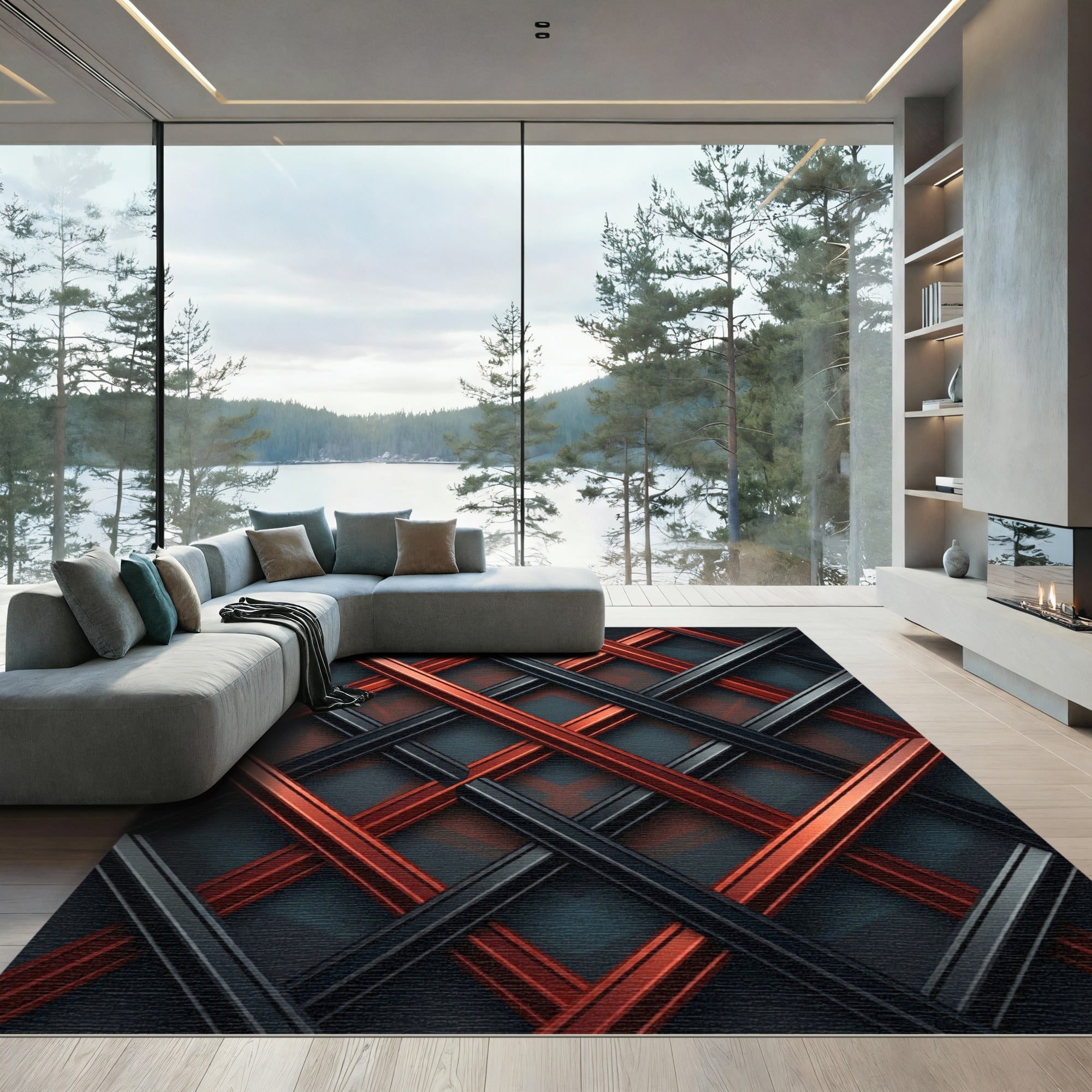 Modern Crimson and Charcoal Geometric Interwoven Axis Rug