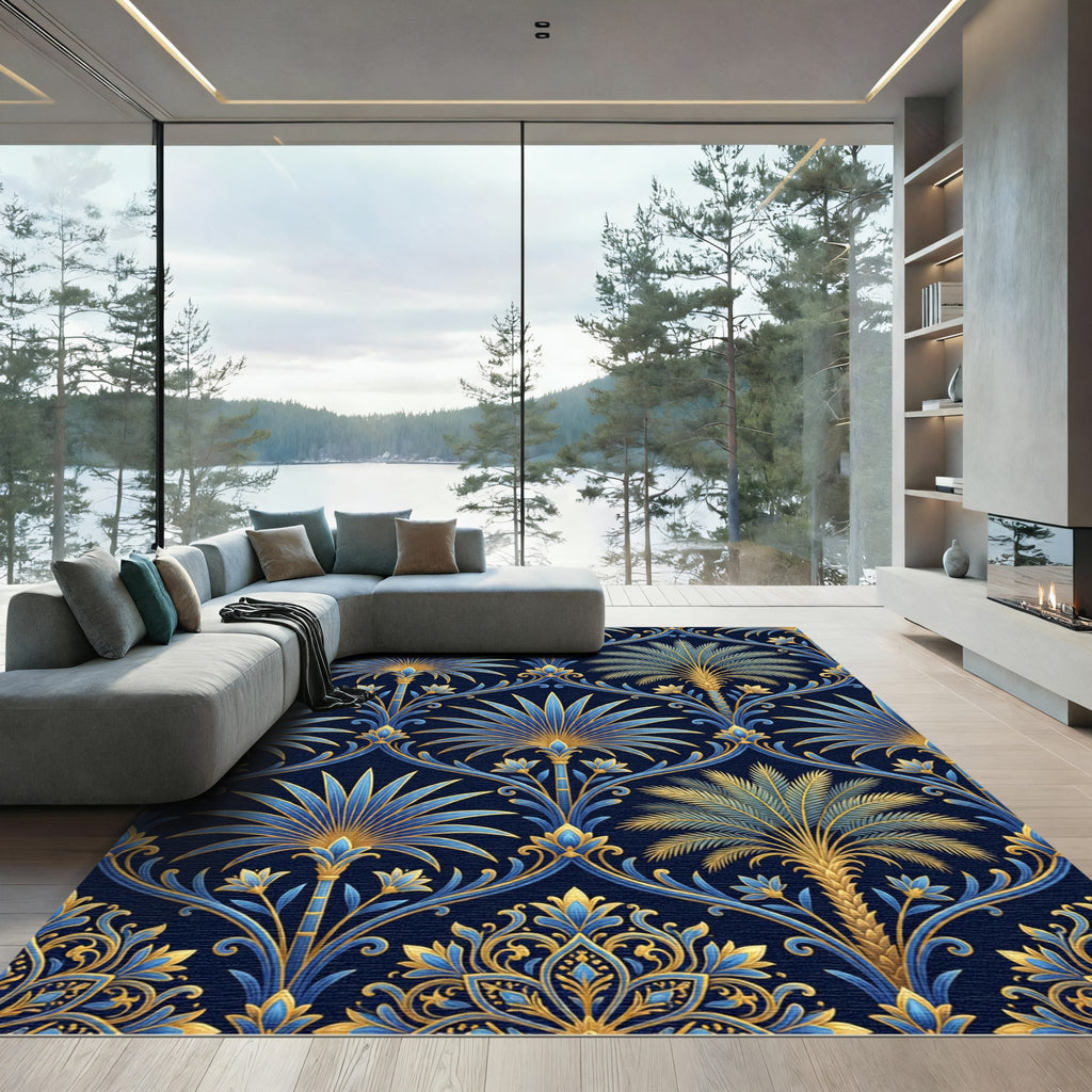 Ornate Gold and Blue Tropical Palm Rug