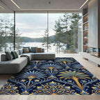 Ornate Gold and Blue Tropical Palm Rug