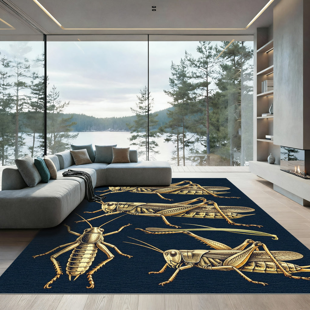 Vintage Golden Entomological Grasshopper Illustration Rug