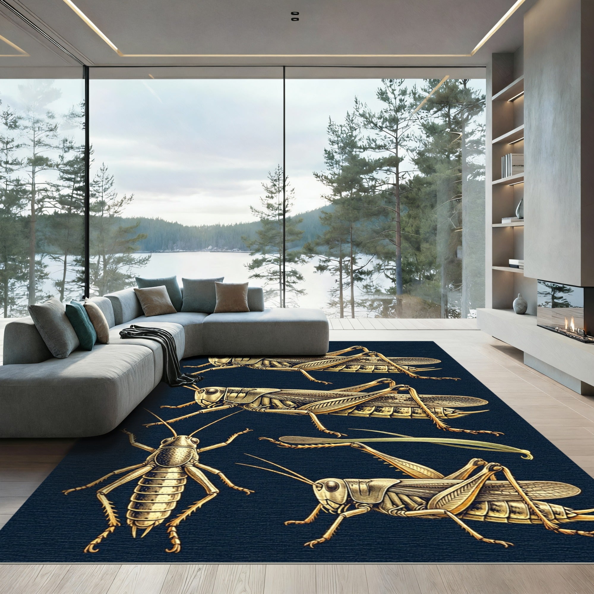 Vintage Golden Entomological Grasshopper Illustration Rug