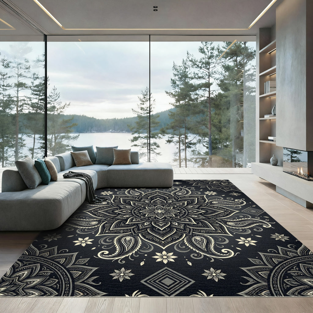 Elegant Monochrome Paisley Floral Mandala Rug