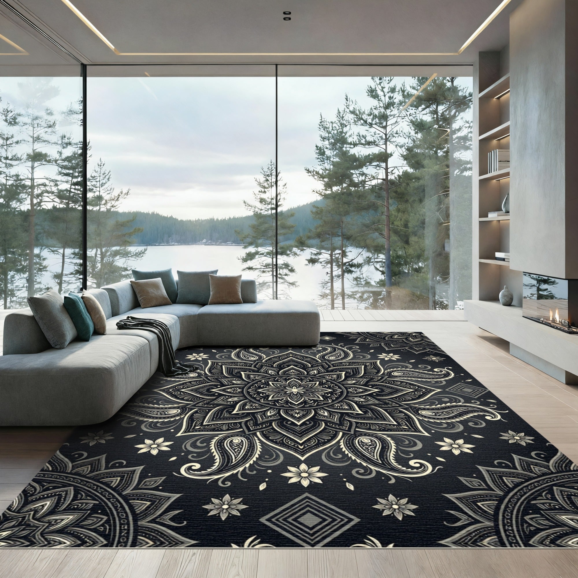 Elegant Monochrome Paisley Floral Mandala Rug