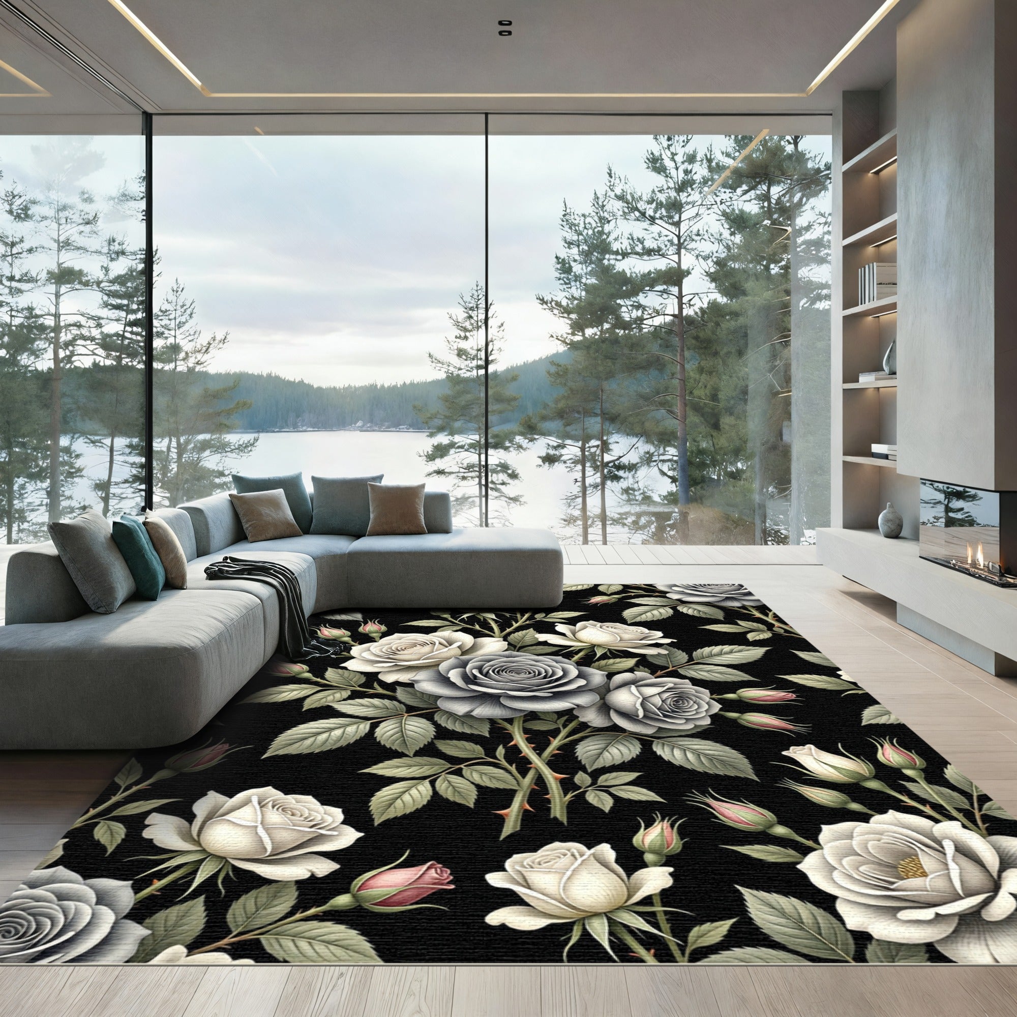 Elegant Monochrome Rose Bouquet on Black Rug