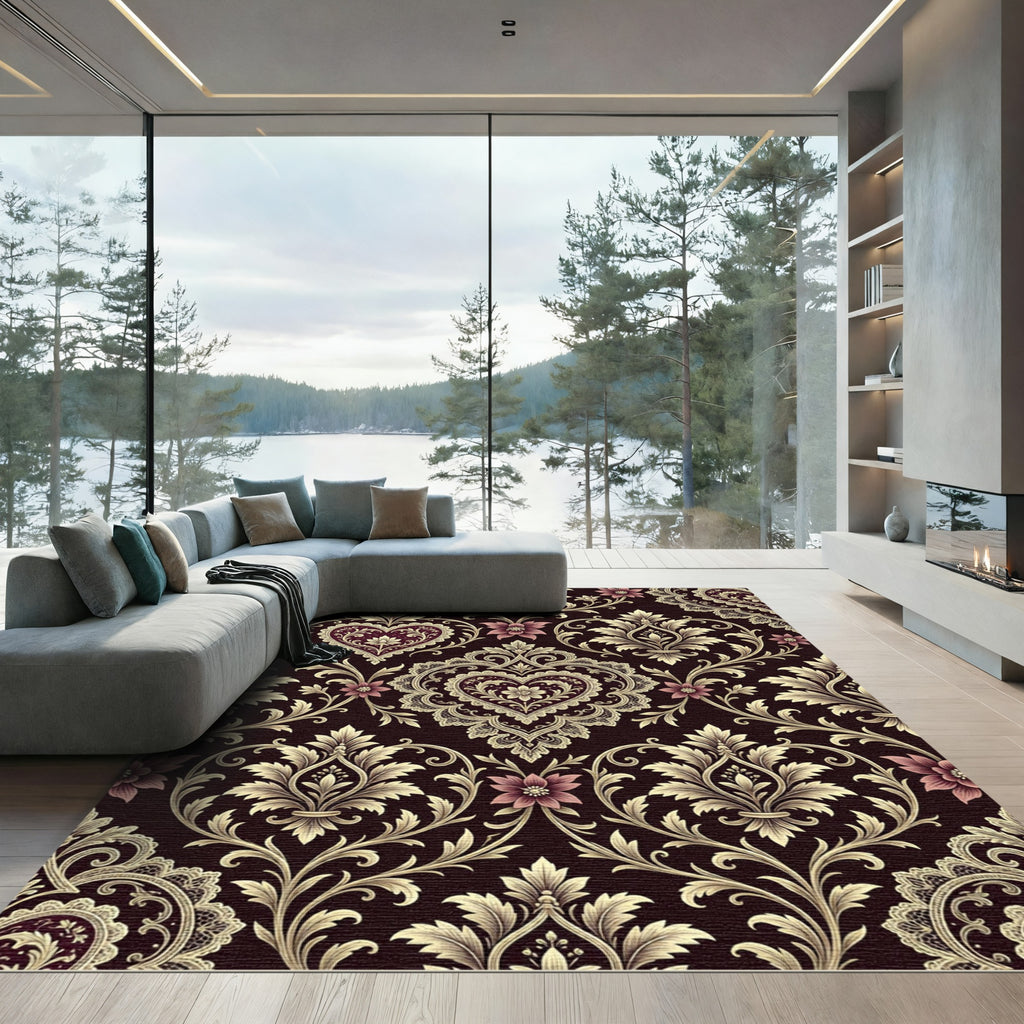 Ornate Damask Heart Scroll Floral Cream Rug