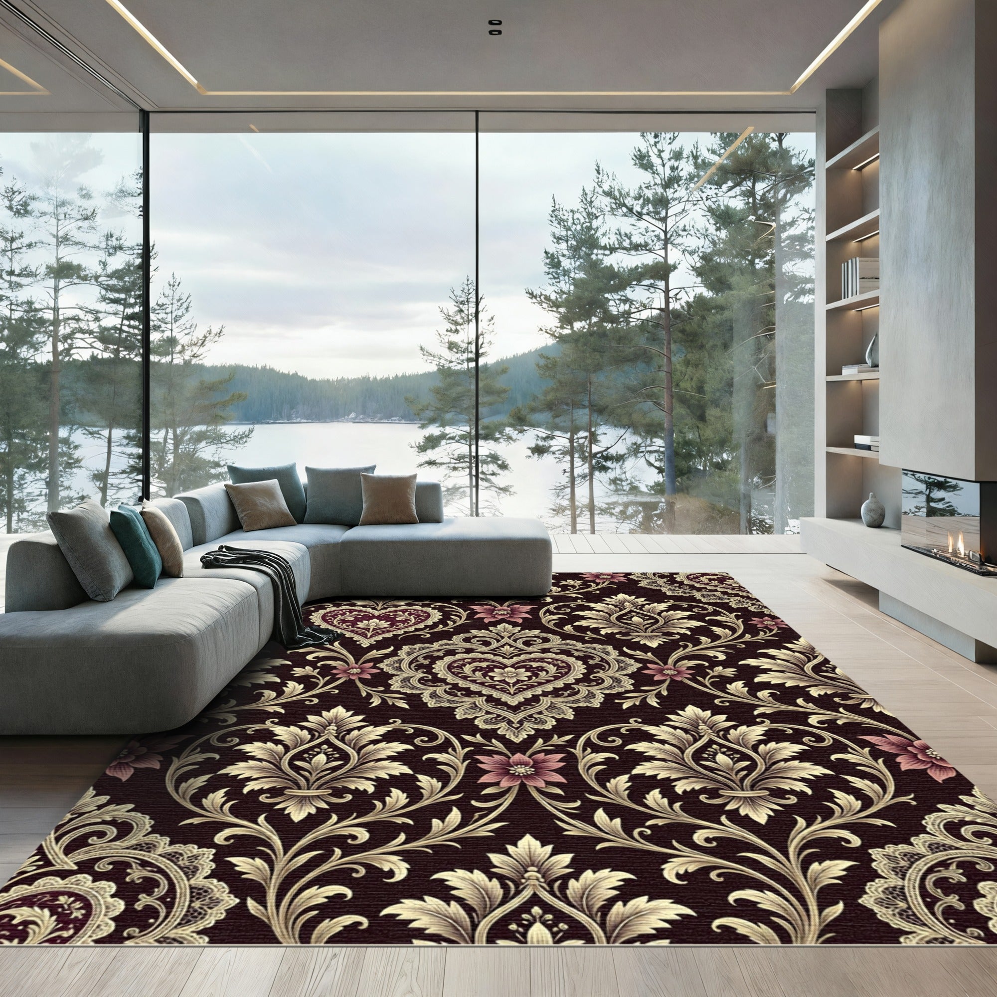Ornate Damask Heart Scroll Floral Cream Rug