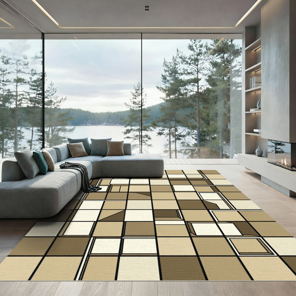 Abstract Neutral Toned Geometric Block Grid Rug