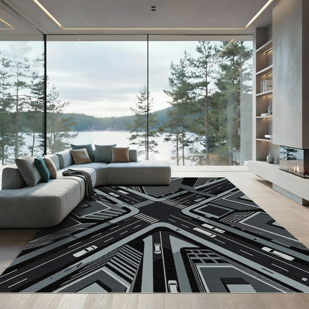 Monochromatic Urban Street Crossroad Rug
