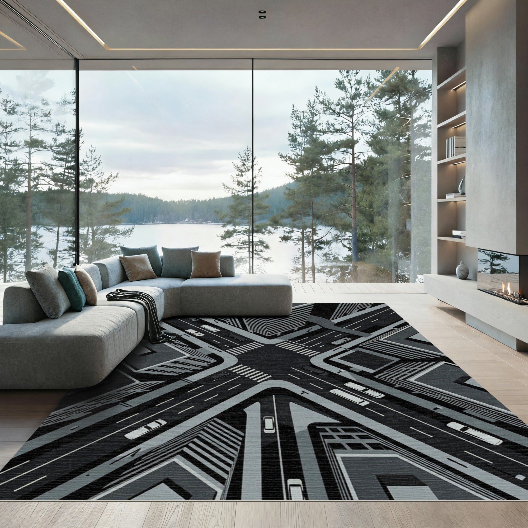 Monochromatic Urban Street Crossroad Rug