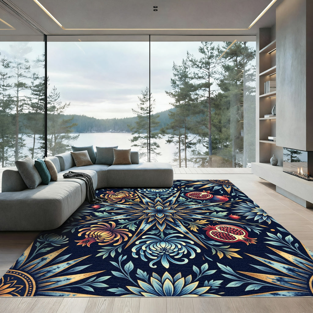 Midnight Blue Floral Pomegranate Sunburst Rug