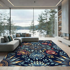 Midnight Blue Floral Pomegranate Sunburst Rug