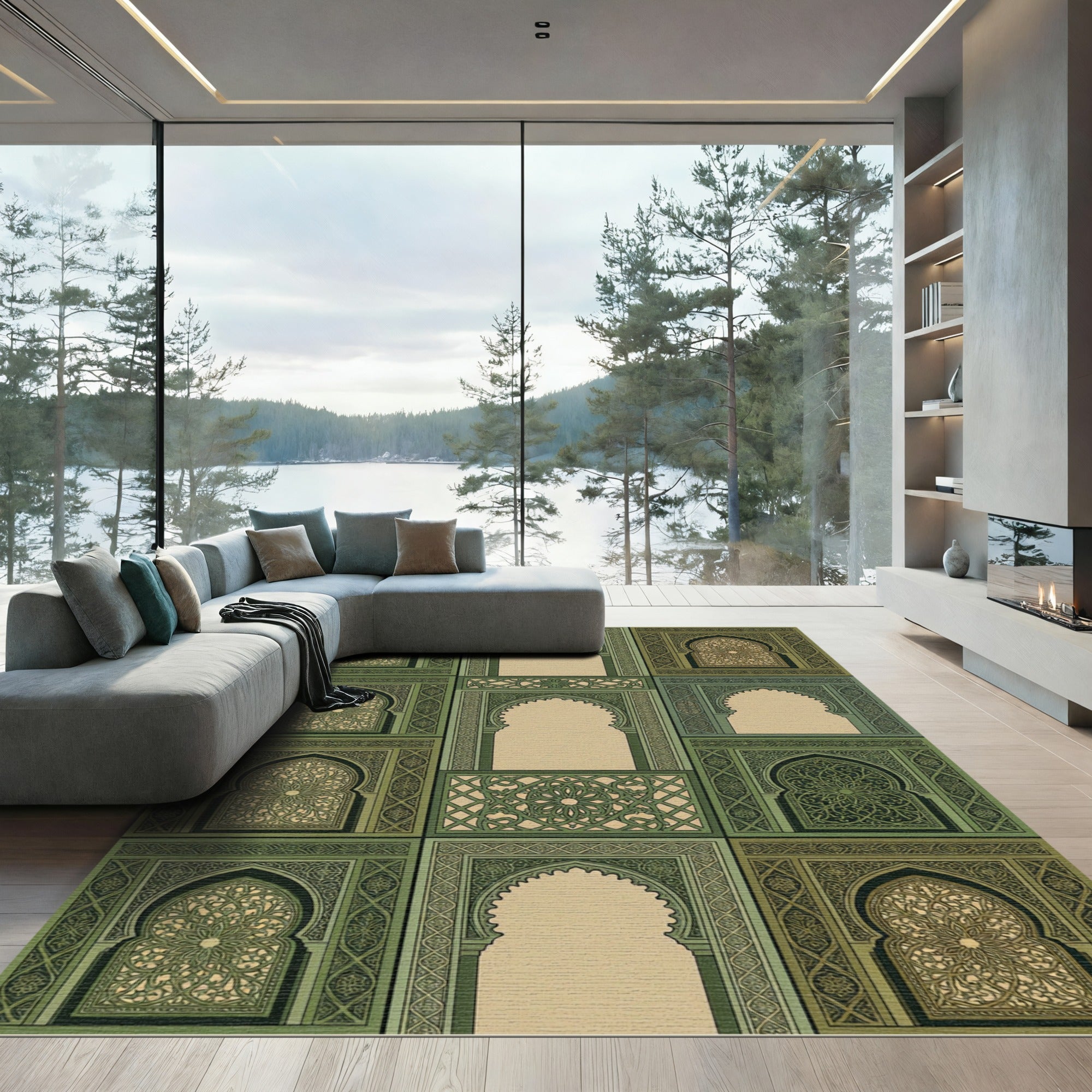 Green Archway Intricate Lattice Scene Rug