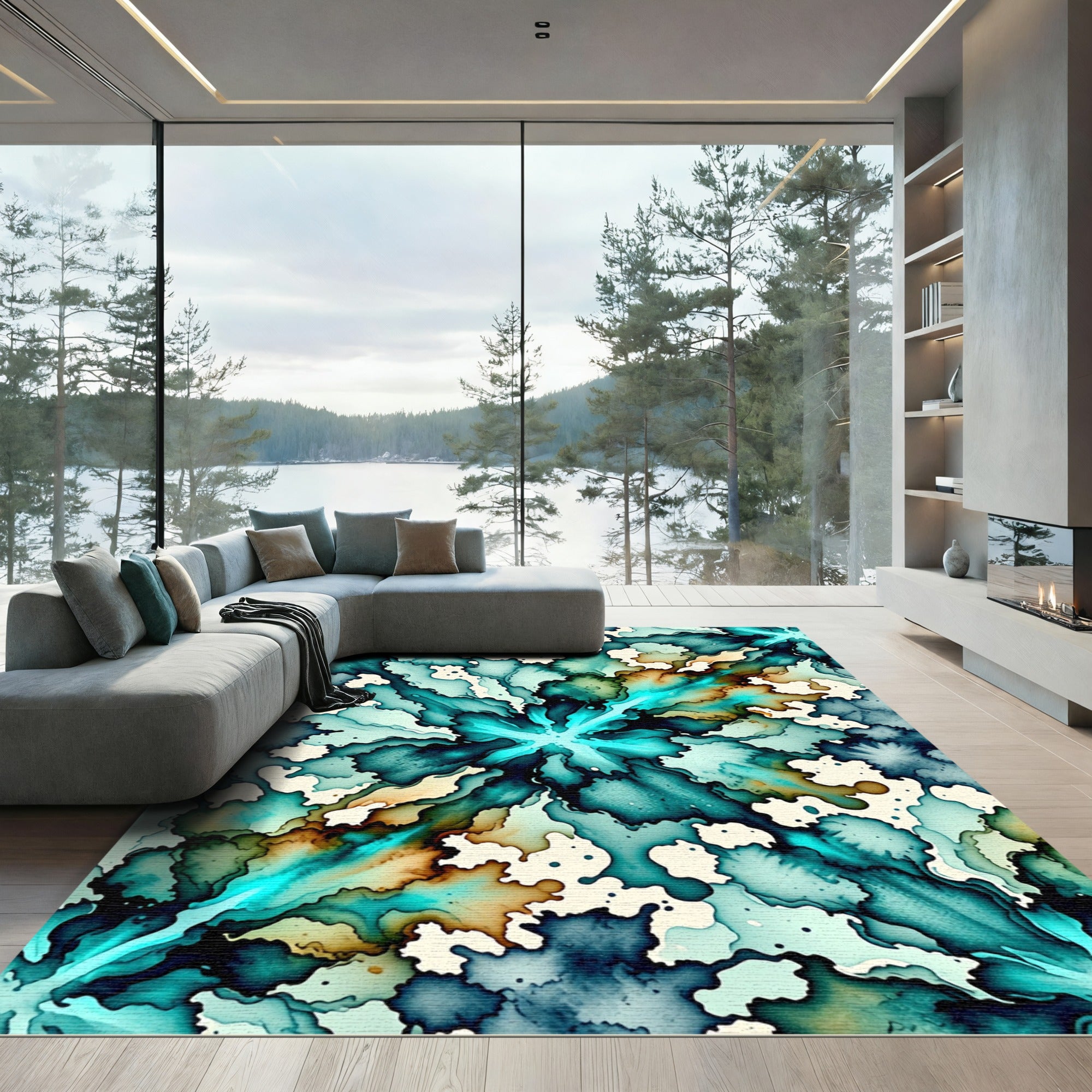 Radiant Teal Watercolor Burst Abstract Rug