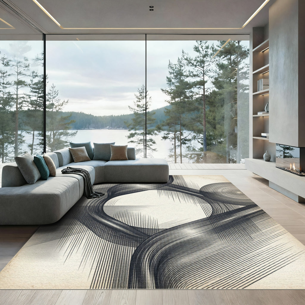 Monochrome Abstract Swirls and Lines Rug