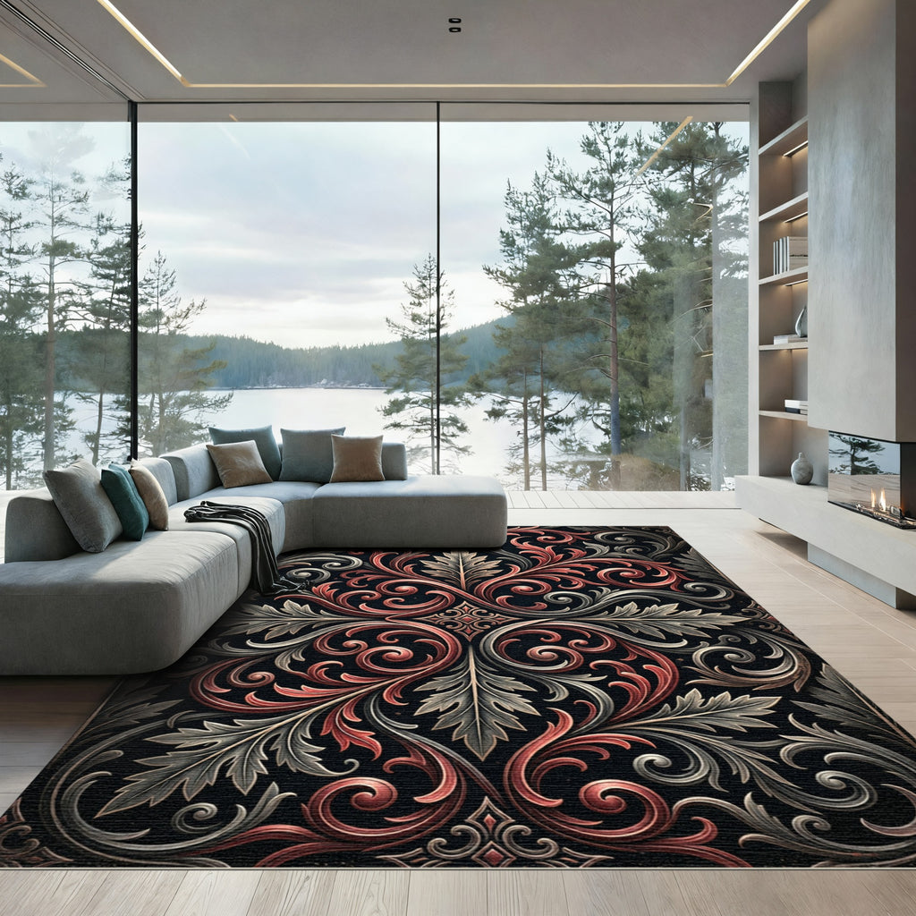 Ornate Crimson Gray Baroque Scroll Rug