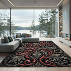 Ornate Crimson Gray Baroque Scroll Rug