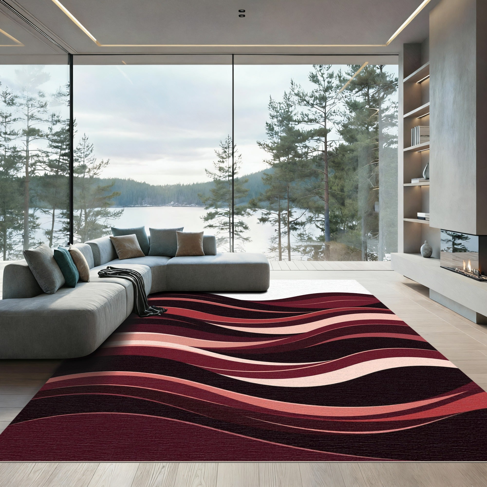 Contemporary Crimson Waves Abstract Flow Rug