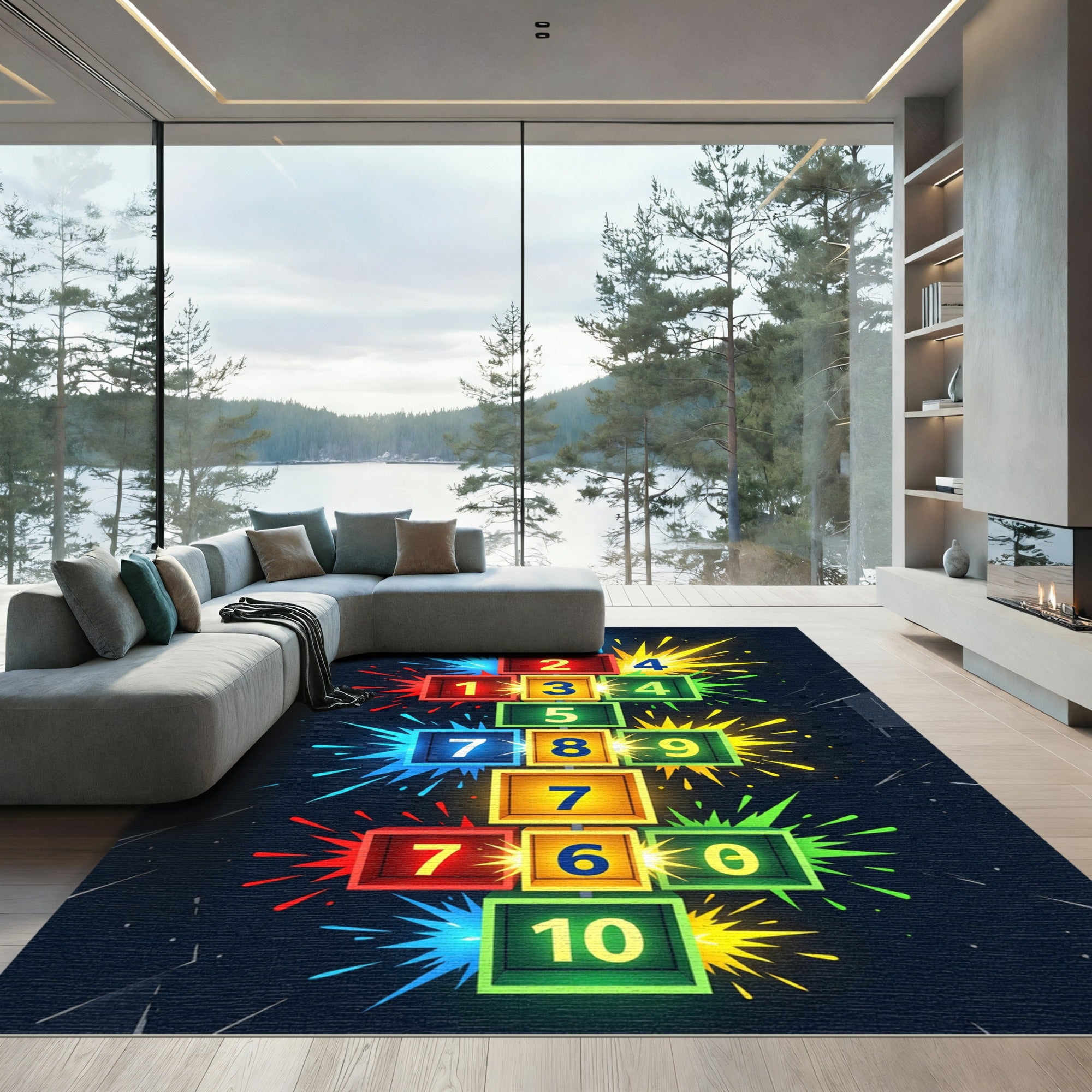 Neon Geometric Hopscotch Numerical Grid Rug
