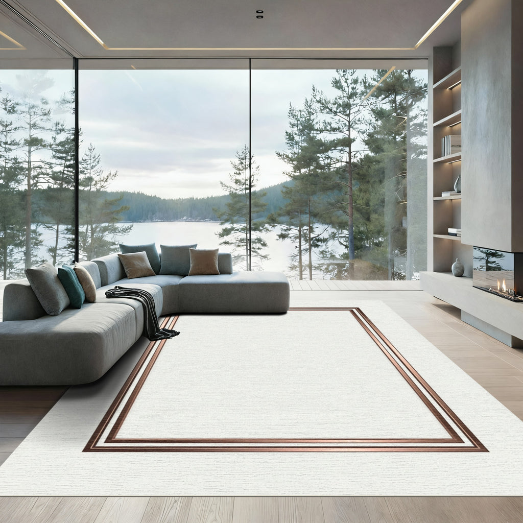 Geometric Copper Double Line Border Rug