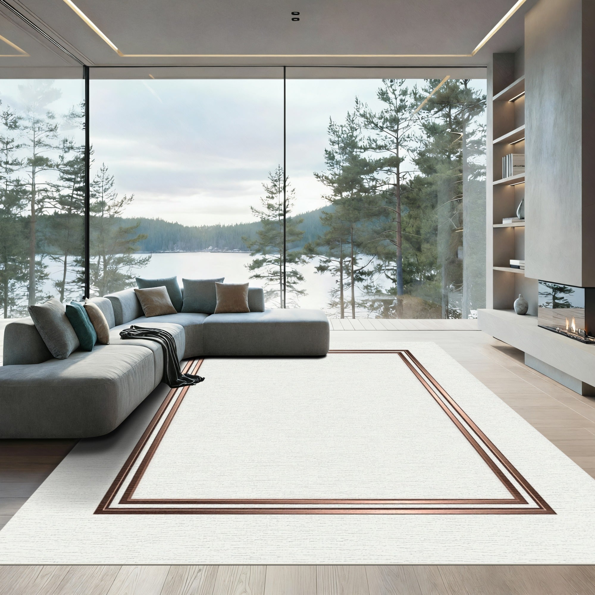 Geometric Copper Double Line Border Rug