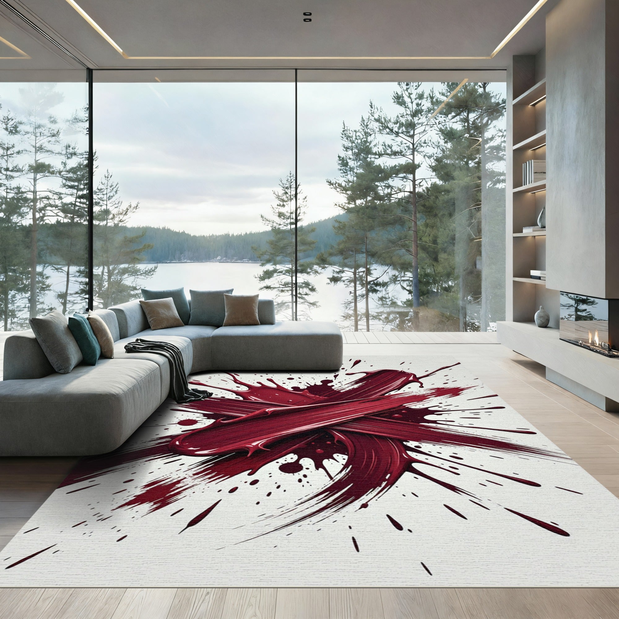 Deep Crimson Abstract Brushstroke Art Rug