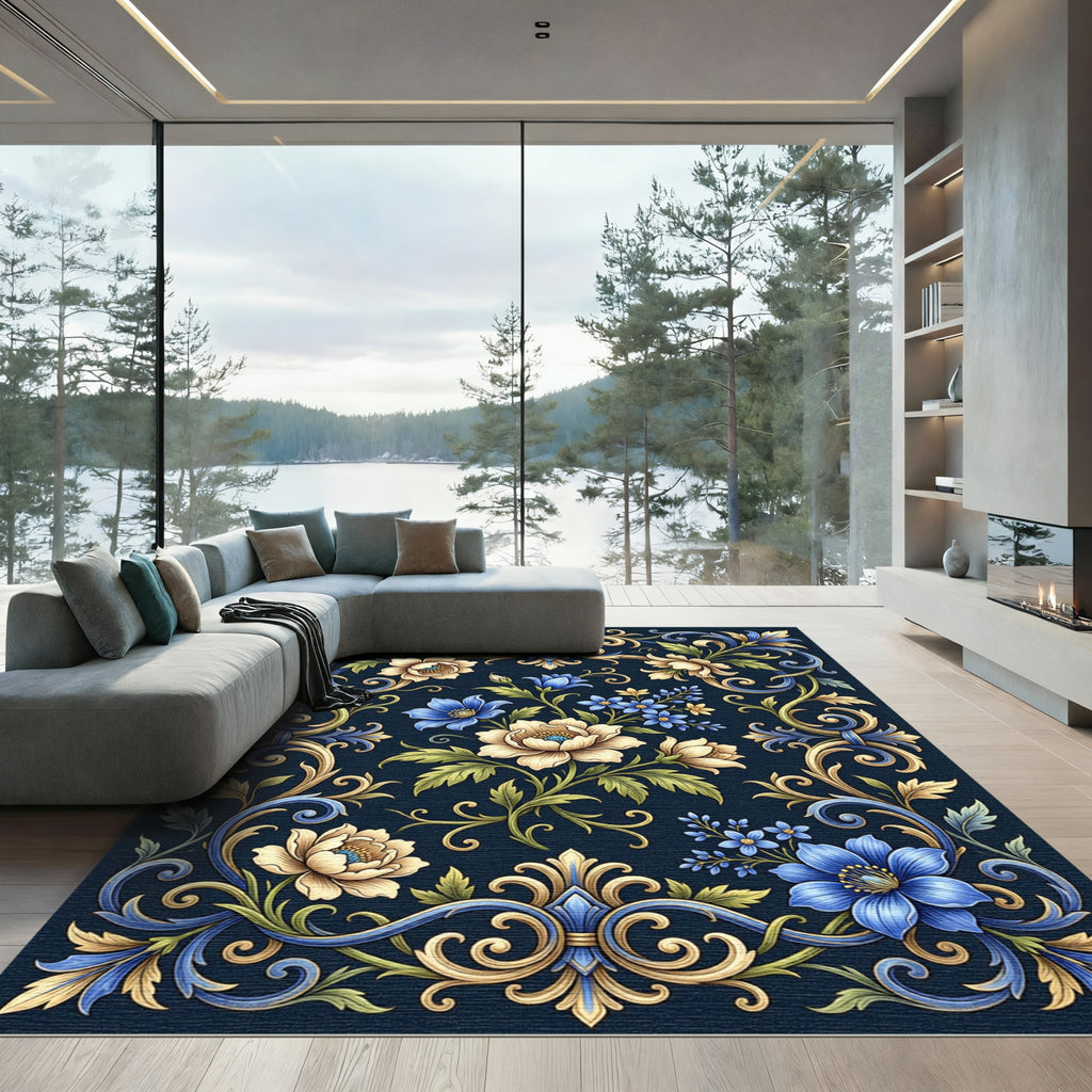 Ornate Floral Swirls in Navy Gold Rug