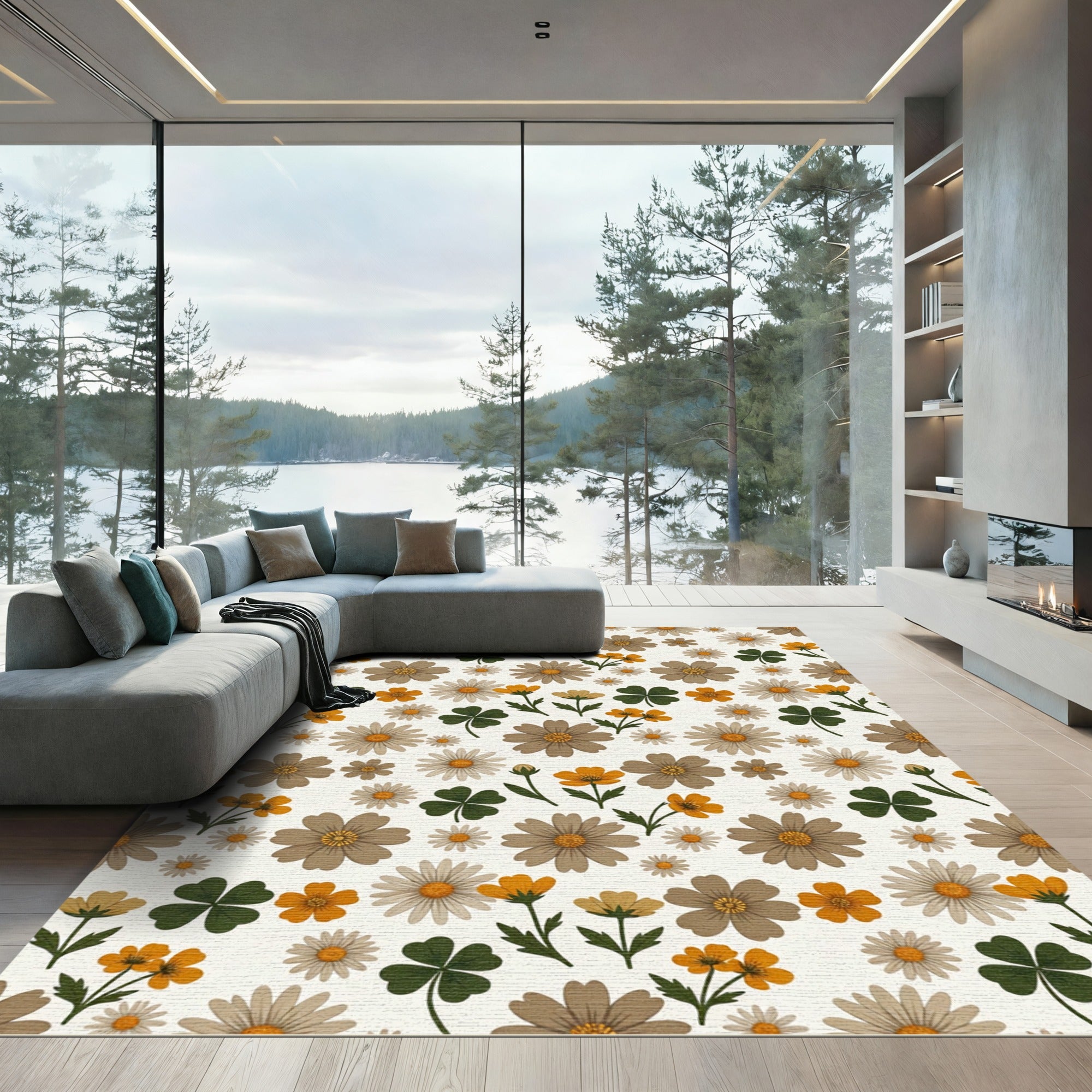 Earthy Floral Scatter with Clover Rug