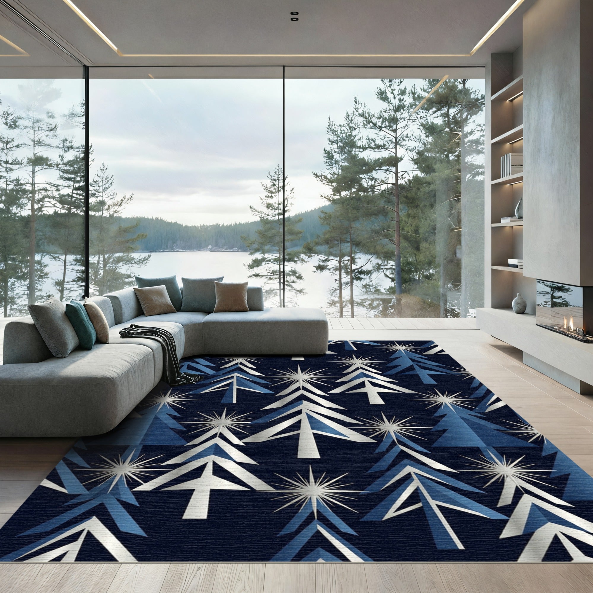 Modern Navy Blue Starry Winter Pine Rug