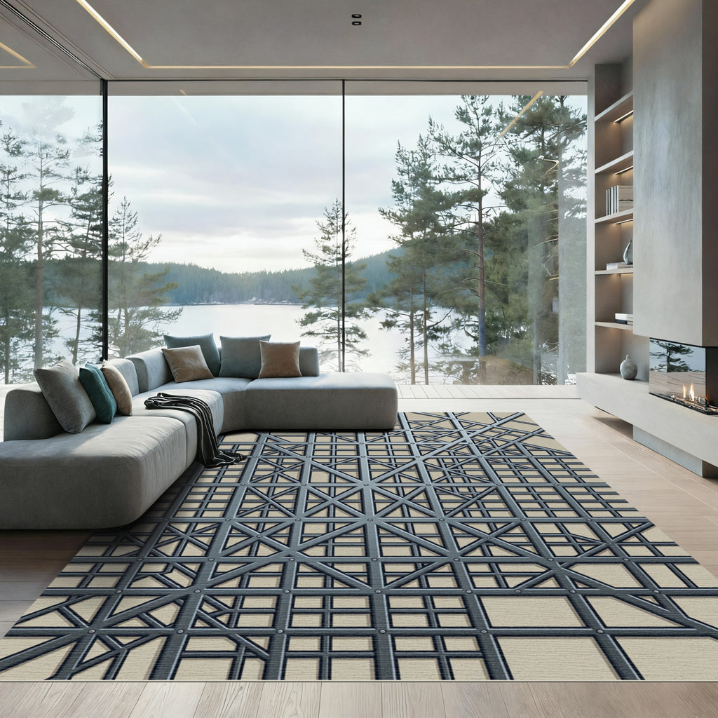 Modern Steel Geometric Grid Rug