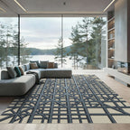 Modern Steel Geometric Grid Rug