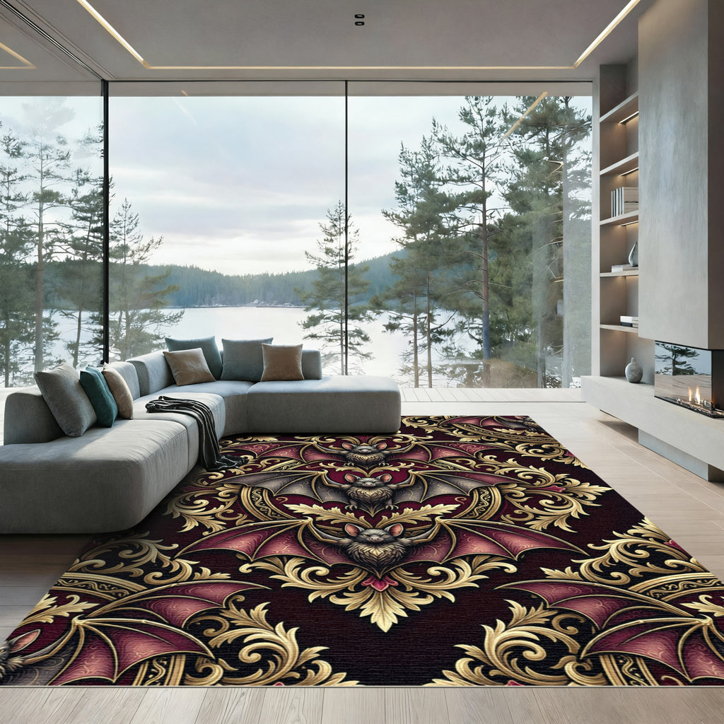 Gothic Bat Filigree Damask Burgundy Gold Rug