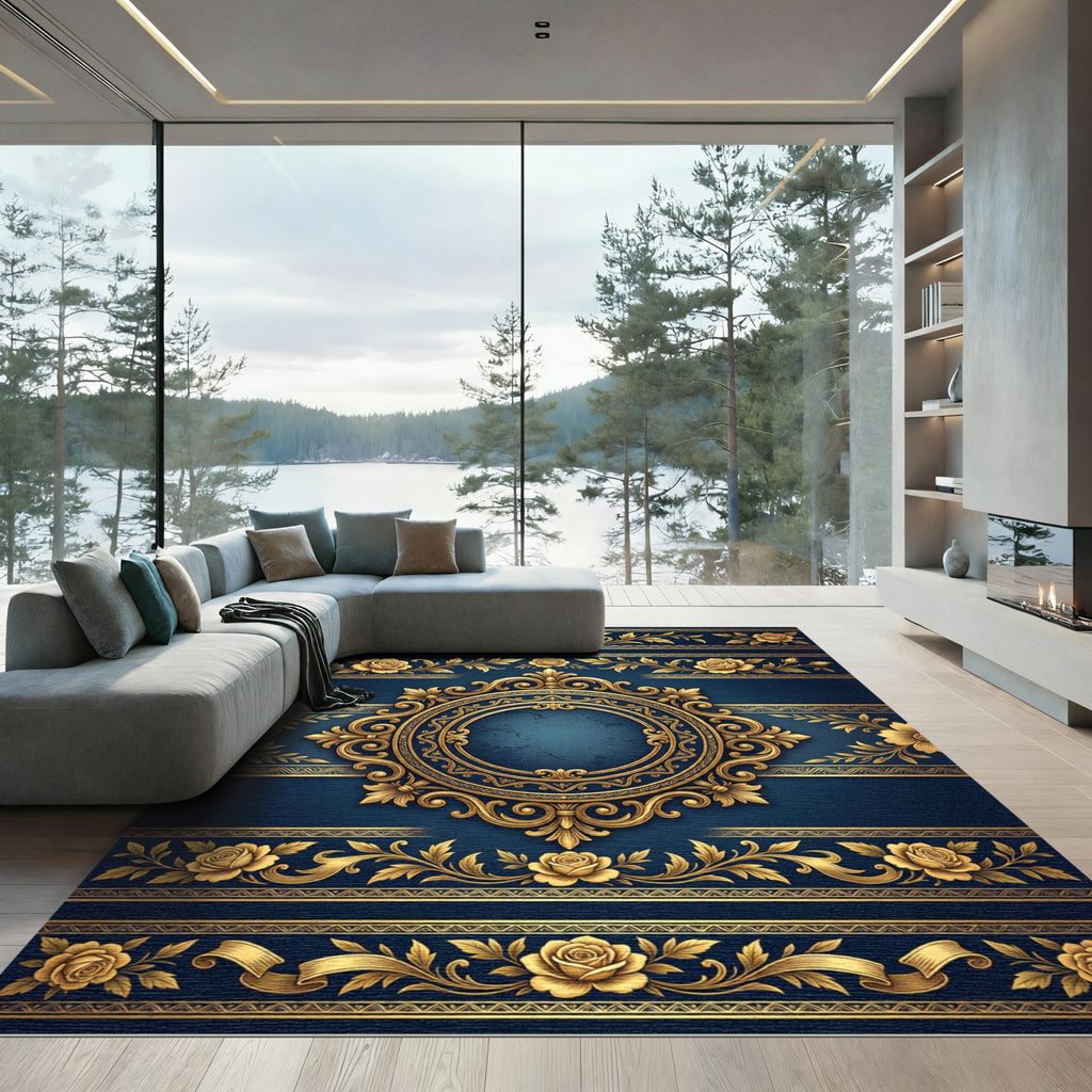 Elegant Navy Royal Gold Floral Medallion Rug