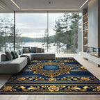 Elegant Navy Royal Gold Floral Medallion Rug