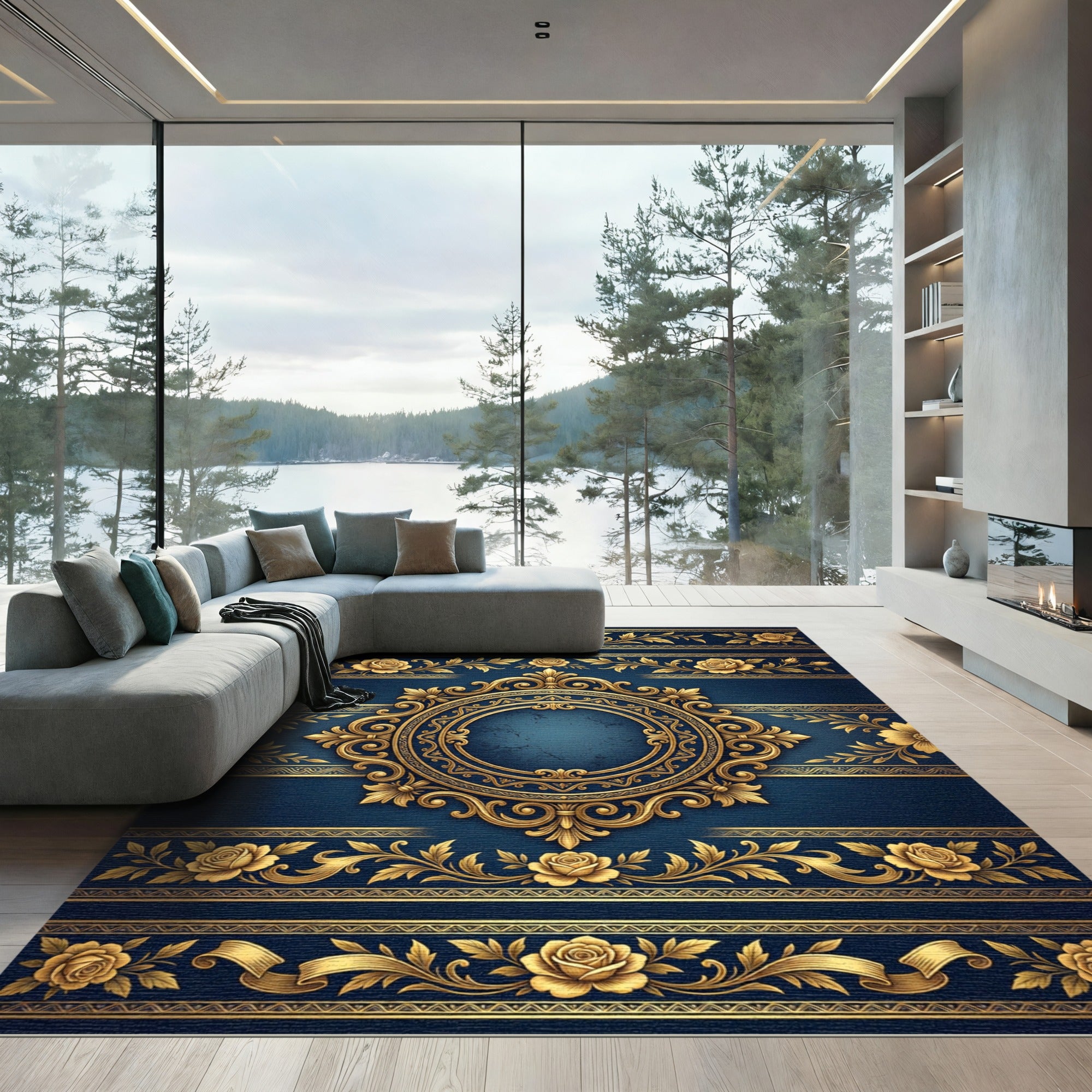 Elegant Navy Royal Gold Floral Medallion Rug