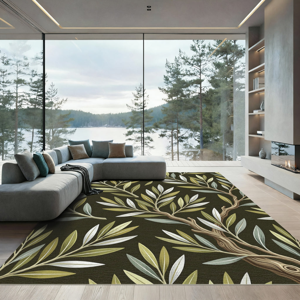 Elegant Olive Leaf Botanical Foliage Rug
