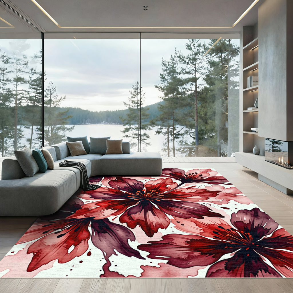 Dramatic Crimson Floral Watercolor Composition Rug