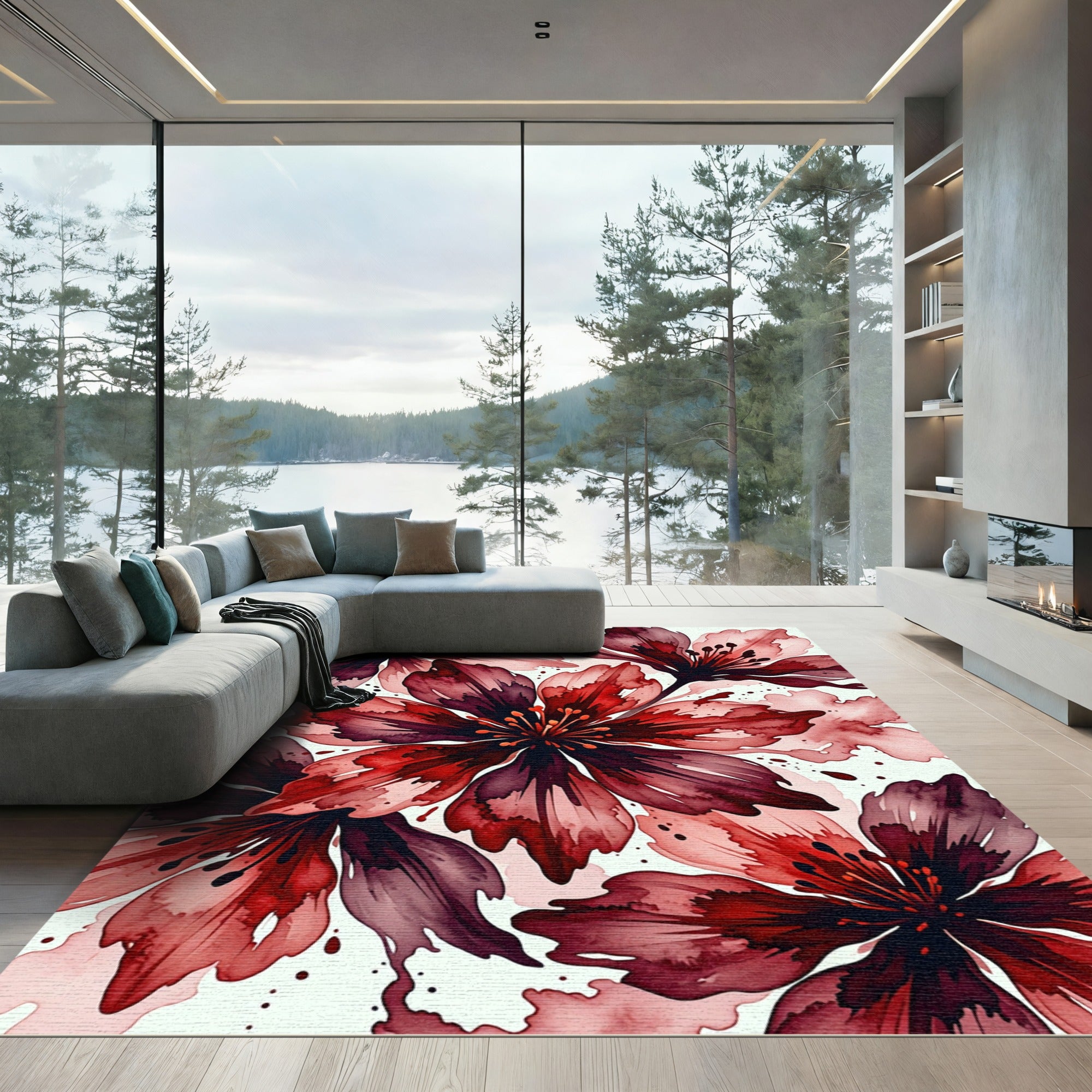 Dramatic Crimson Floral Watercolor Composition Rug