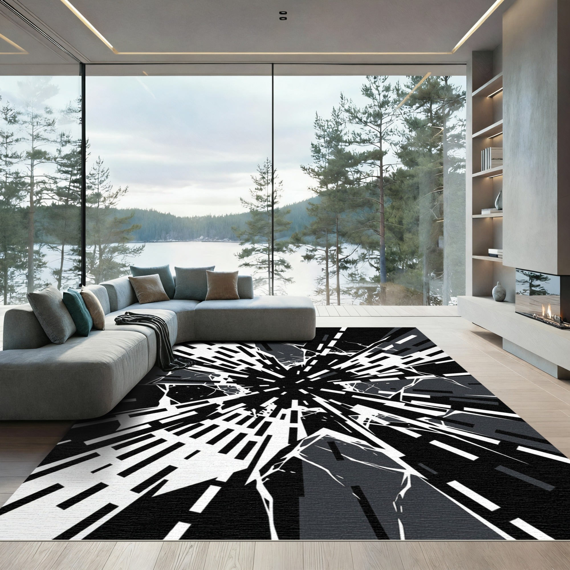 Monochrome Abstract Geometric Shattered Glass Burst Rug