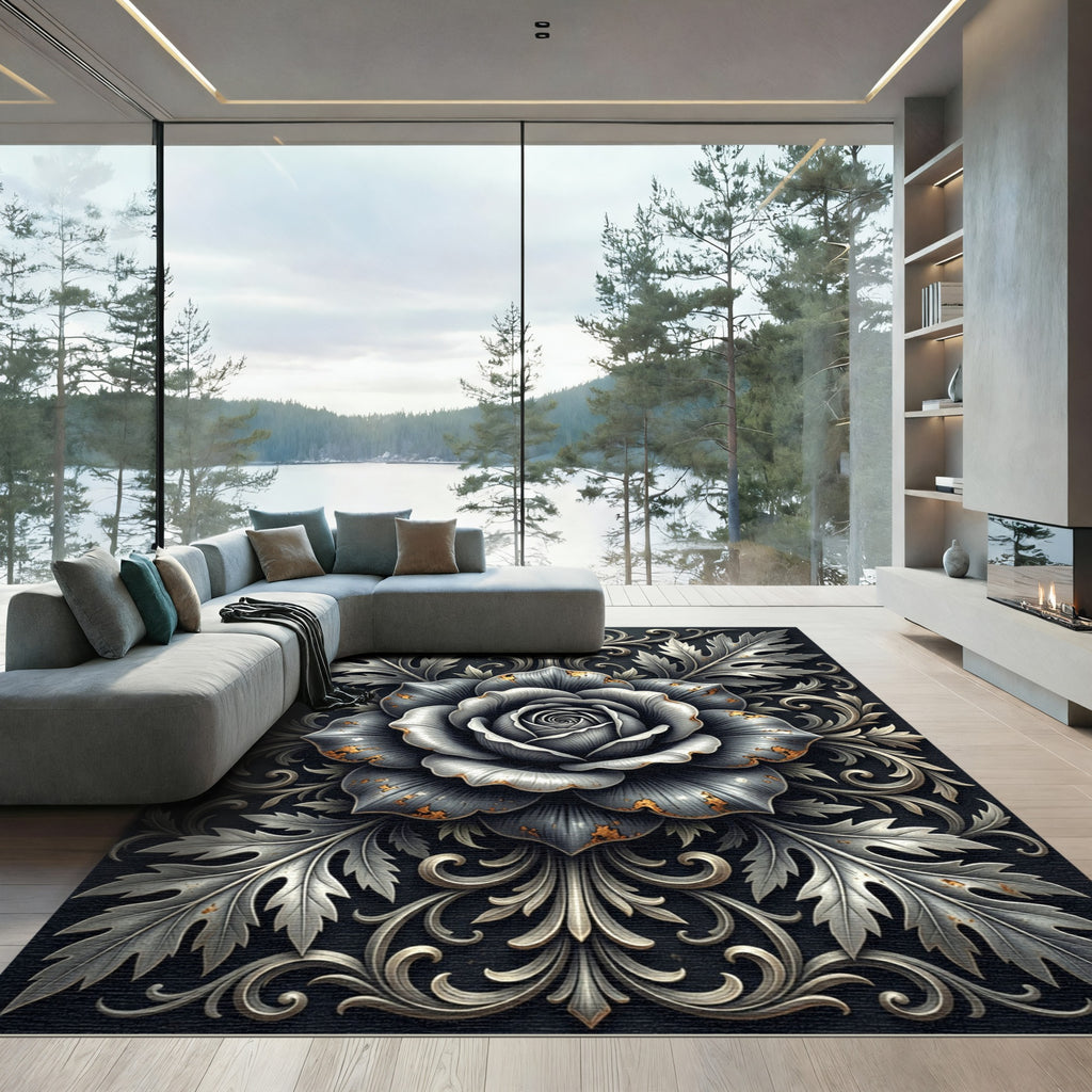 Metallic Silver Rose Filigree Embellishment Rug