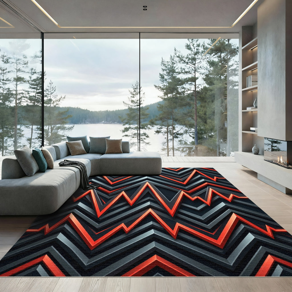 Modern Geometric Red and Charcoal Zizag Rug