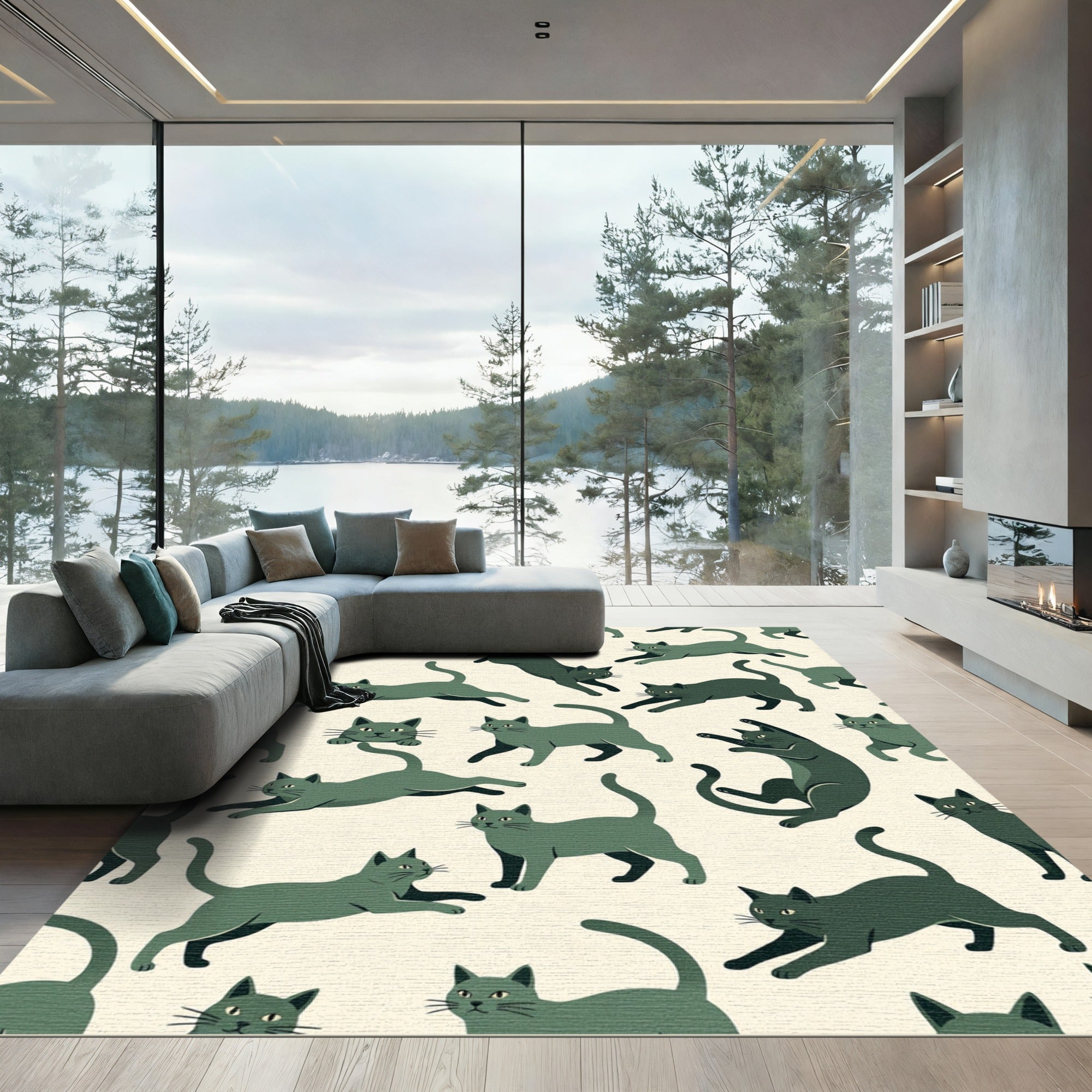 Playful Sage Cat Silhouette Illustration Rug