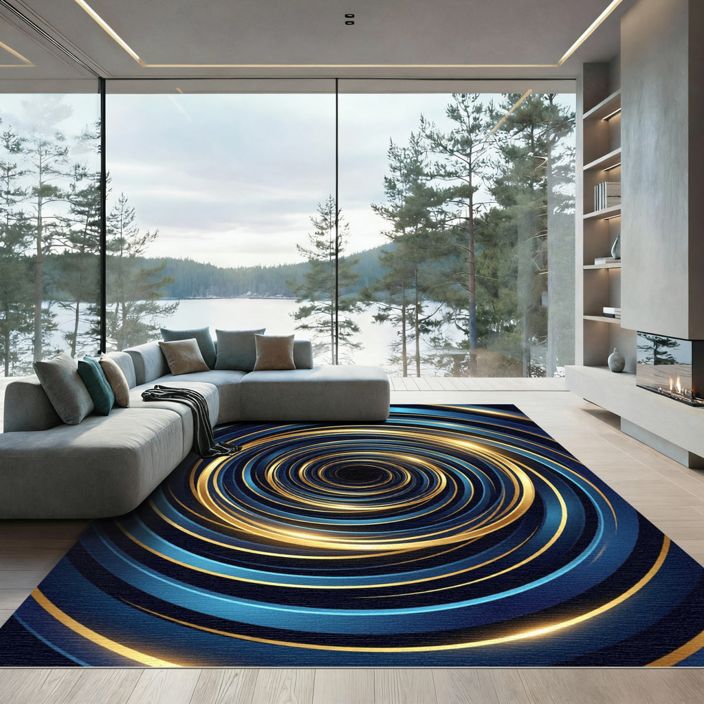 Luminous Golden Blue Abstract Vortex Rug