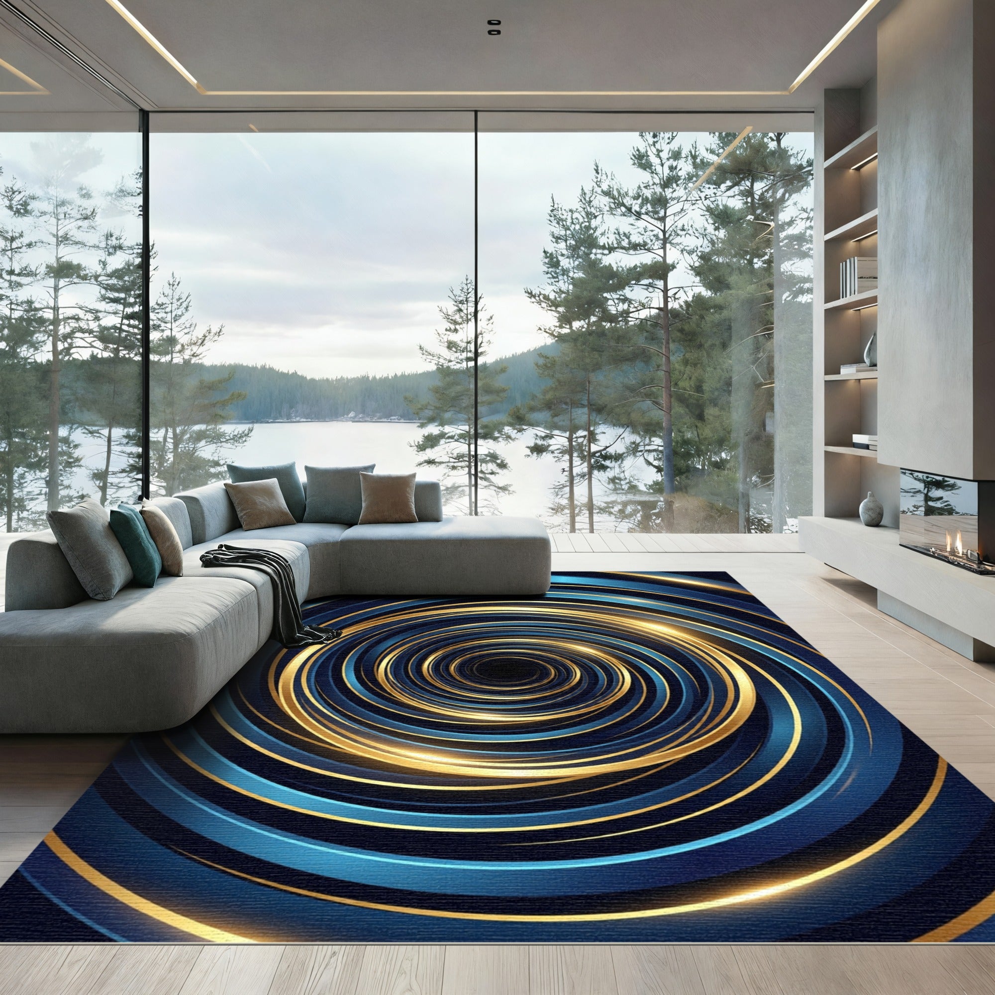 Luminous Golden Blue Abstract Vortex Rug
