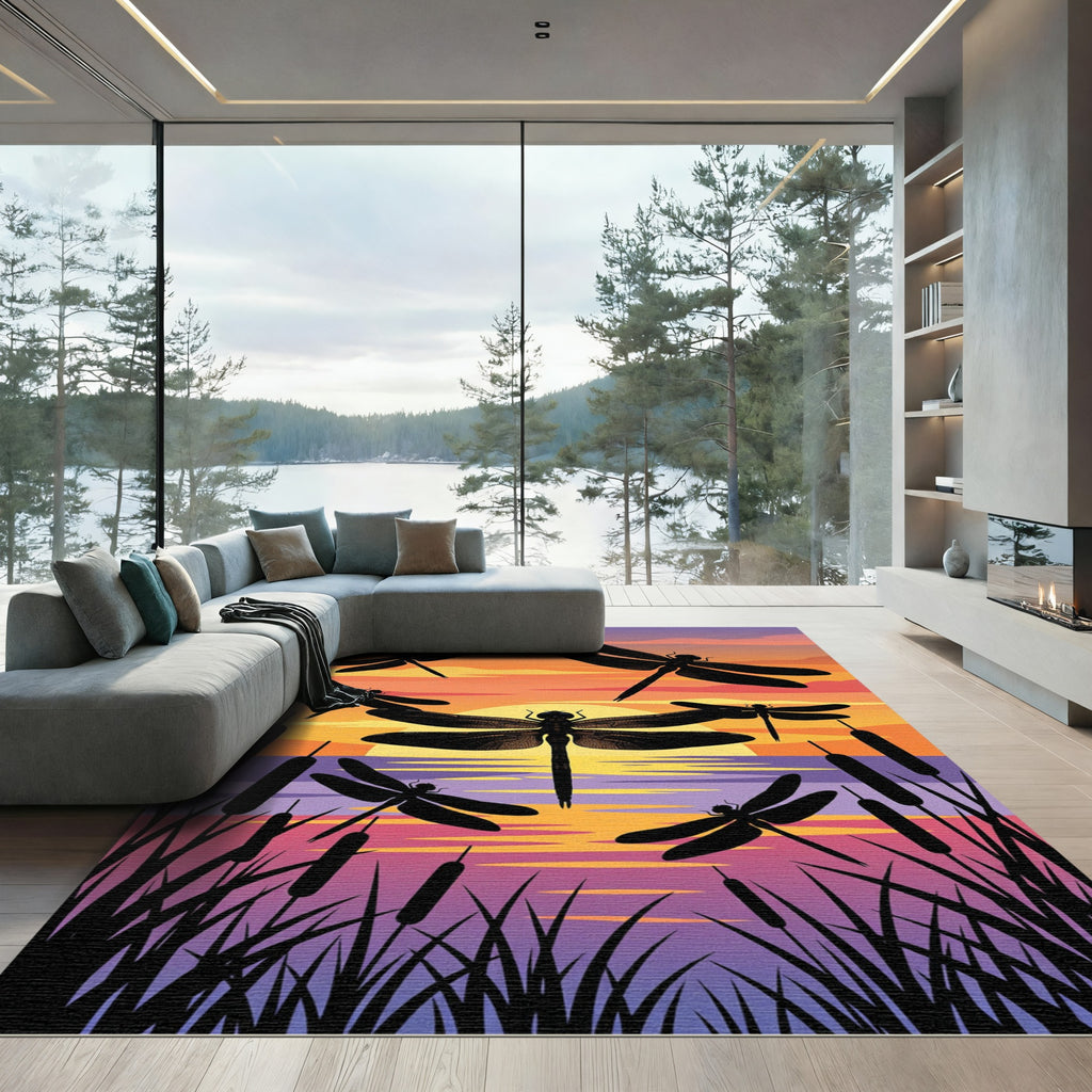 Sunset Dragonfly Pond Landscape Art Rug