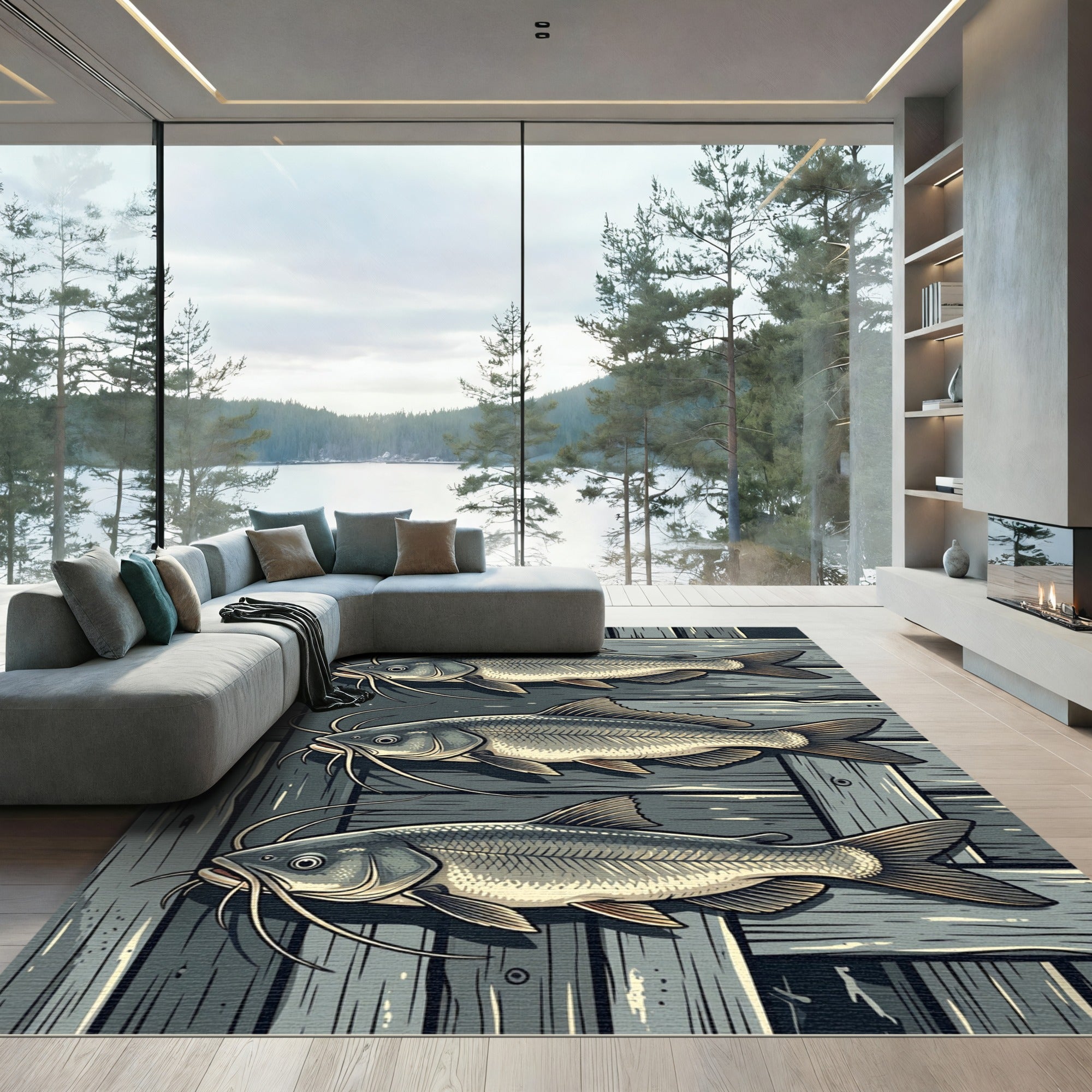 Earthy Gray Catfish Wood Panel Art Rug