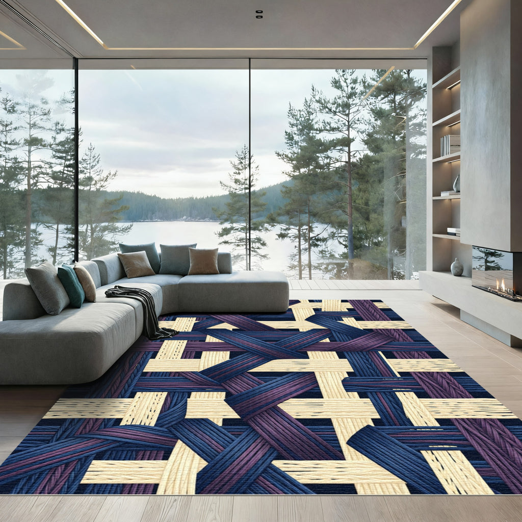 Modern Navy and Cream Woven Geometric Rug