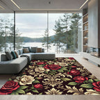 Ornate Red and Cream Rose Scrollwork Rug